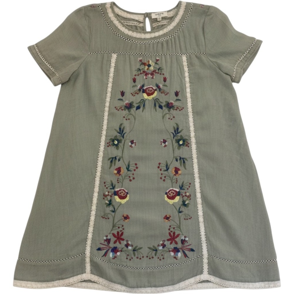 Umgee Dress Women's M Sage Green Floral Tunic Embroidered Lace Trim Boho Lined